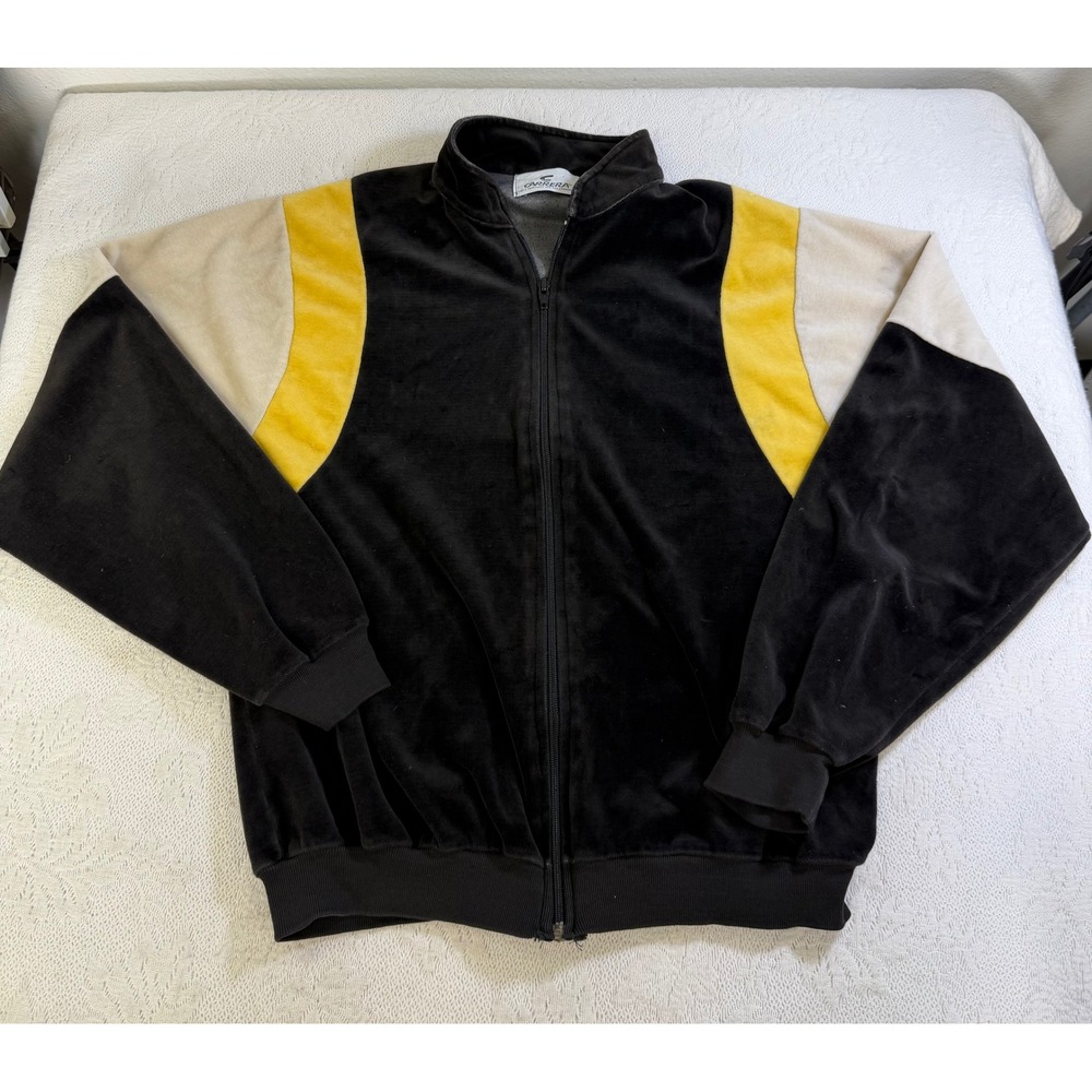 Vintage Carrera Velour Track Jacket 80s Colorblock Black Yellow Cream Mens L